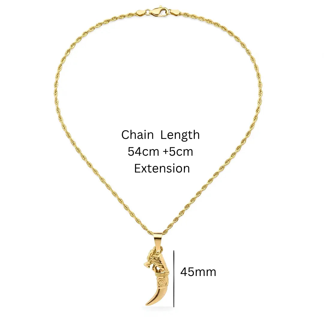 18K Gold Plated Dragon Tooth Pendant Necklace for Men – 54cm Rope Chain with 5cm Cable Extension & Lobster Clasp